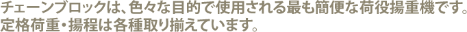 チェーンブロックは、色々な目的で使用される最も簡便な荷役揚重機です。定格荷重・揚程は各種取り揃えています。