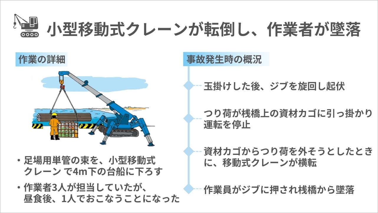 小型移動式クレーンが転倒し、ジブに押されて作業者が墜落