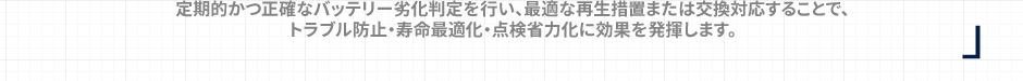 定期的かつ正確なバッテリー劣化判定を行い、最適な再生措置または交換対応することで、トラブル防止・寿命最適化・点検省力化に効果を発揮します。