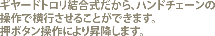 ギヤードトロリ結合式だから、ハンドチェーンの操作で横行させることができます。押ボタン操作により昇降します。