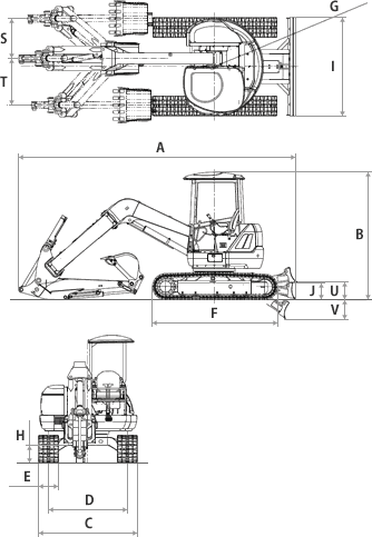 超小旋回ミニバックホウ寸法図