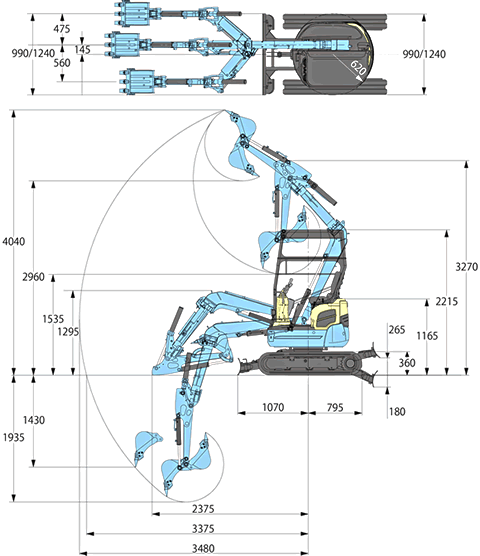 超小旋回ミニバックホウ 可変脚 寸法図/作動範囲図