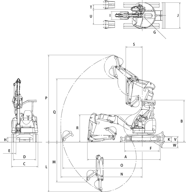 超小旋回ミニバックホウ寸法図