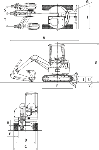 超小旋回ミニバックホウ寸法図