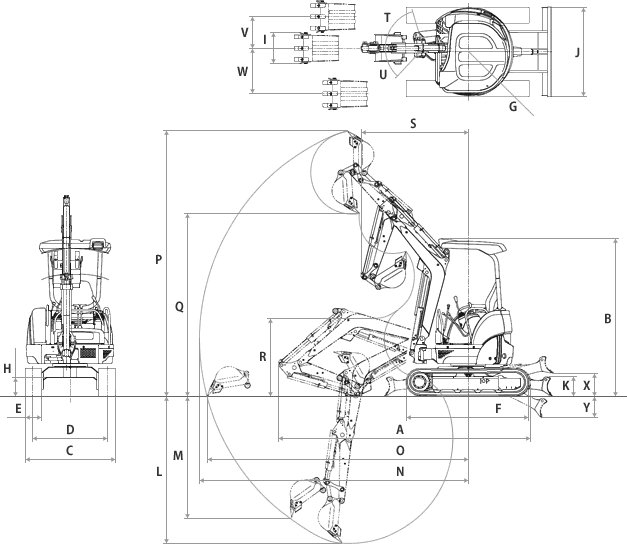超小旋回ミニバックホウ寸法図