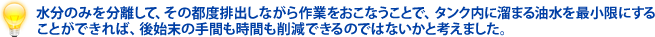 水分のみを分離して、その都度排出しながら作業をおこなうことで、タンク内に溜まる油水を最小限にすることができれば、後始末の手間も時間も削減できるのではないかと考えました。