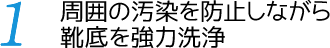 周囲の汚染を防止しながら靴底を強力洗浄