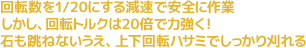 回転数を1/20にする減速で安全に作業。しかし、回転トルクは20倍で力強く！石も跳ねないうえ、上下回転ハサミでしっかり刈れる