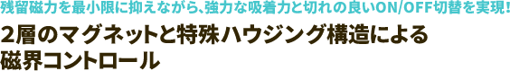 残留磁力を最小限に抑えながら、強力な吸着力と切れの良いON/OFF切替を実現！２層のマグネットと特殊ハウジング構造による
磁界コントロール