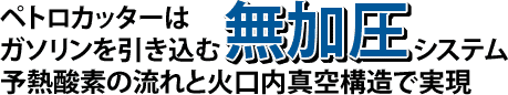 ペトロカッターはガソリンを引き込む無加圧システム予熱酸素の流れと火口内真空構造で実現