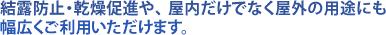 結露防止・乾燥促進や、屋内だけでなく屋外の用途にも幅広くご利用いただけます。