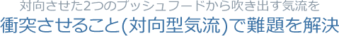 対向させた2つのプッシュフードから吹き出す気流を衝突させること(対向型気流)で難題を解決