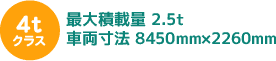 4tクラス 最大積載量 2.5t車両寸法 8450mm×2260mm