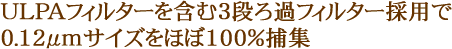 ULPAフィルターを含む3段ろ過フィルター採用で、0.12μmサイズをほぼ100％捕集