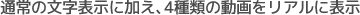 通常の文字表示に加え、4種類の動画をリアルに表示