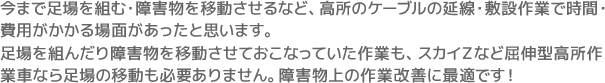 今まで足場を組む・障害物を移動させるなど、高所のケーブルの延線・敷設作業で時間・費用がかかる場面があったと思います。足場を組んだり障害物を移動させておこなっていた作業も、屈伸型高所作業車なら足場の移動も必要ありません。障害物上の作業改善に最適です！