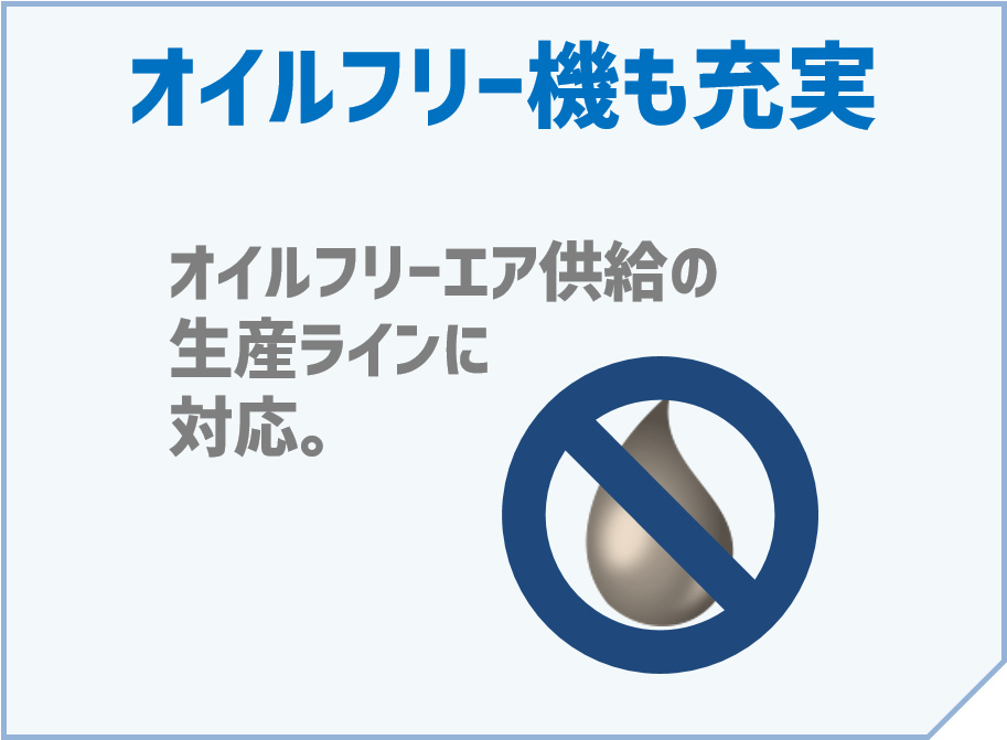 「オイルフリー機も充実」～オイルフリーエア供給の生産ラインに対応。