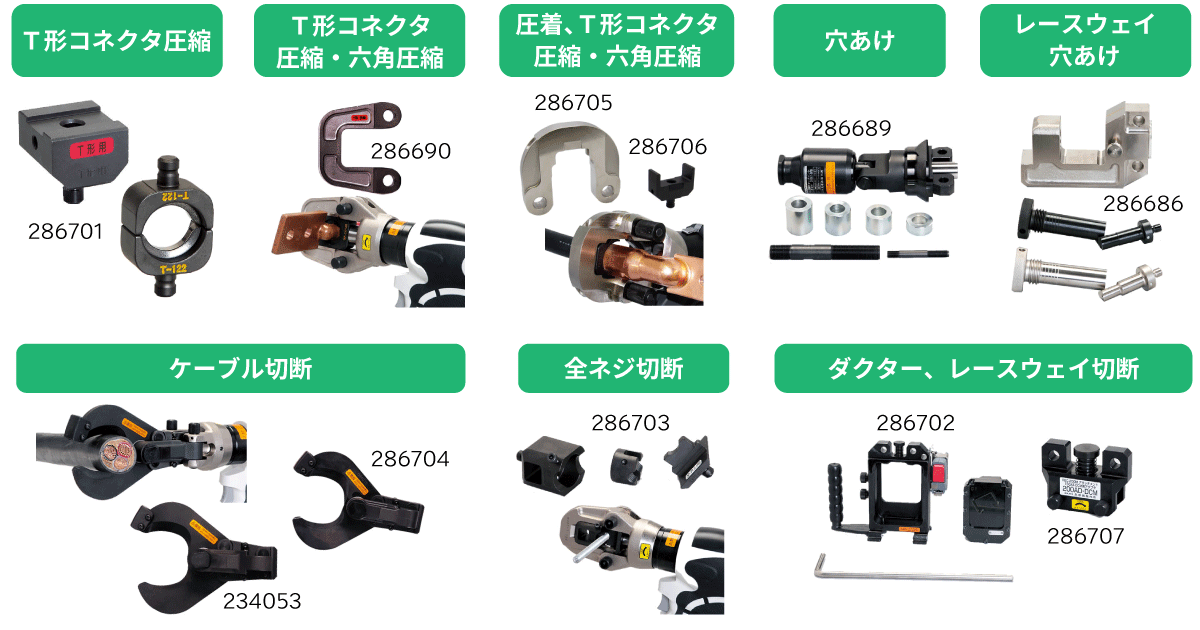 アタッチメント圧着、T形コネクタ圧縮、六角圧縮、穴あけ、ケーブル切断、全ネジ切断、レースウェイ切断