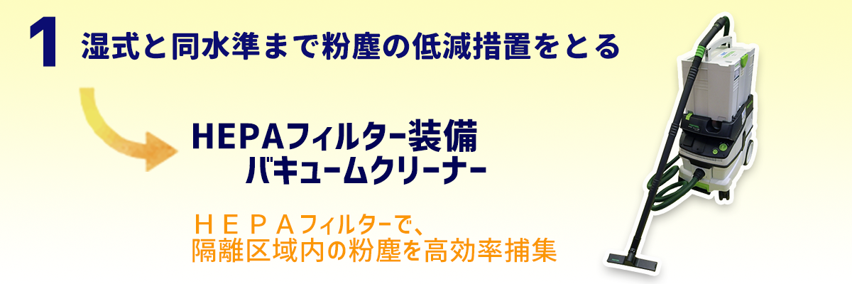 湿式と同水準まで粉塵の低減措置をとる　HEPAフィルター付バキュームクリーナー　HEPAフィルターで、 隔離区域内の粉塵を高効率捕集