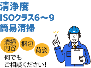 清浄度ISOクラス6～9　清掃内容、梱包、荷姿、なんでもご相談ください